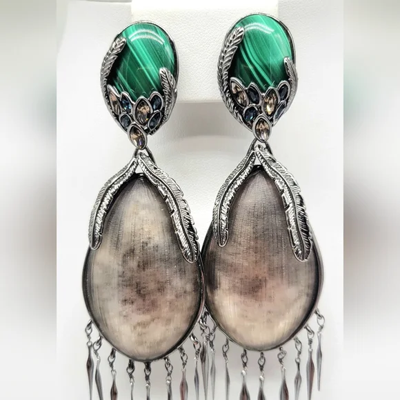 Alexis Bittar Gray Lucite and Malachite Glass Feather Earrings Clip On Silver